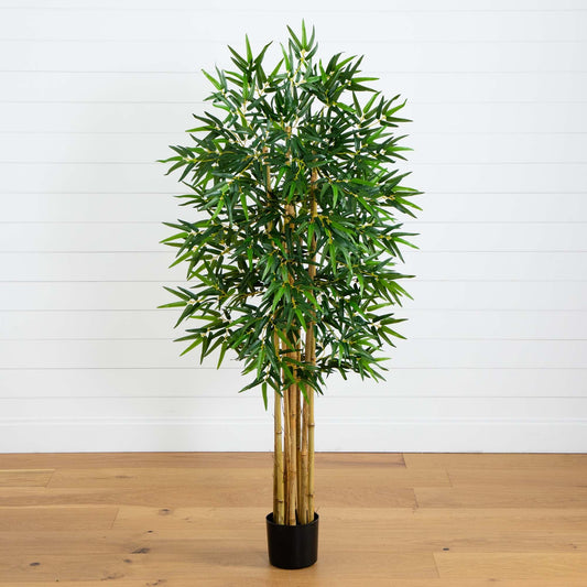 5' Multi Bambusa Bamboo Silk Tree by Nearly Natural with lush green bamboo leaves in a black pot on Tampa Home & Garden Store