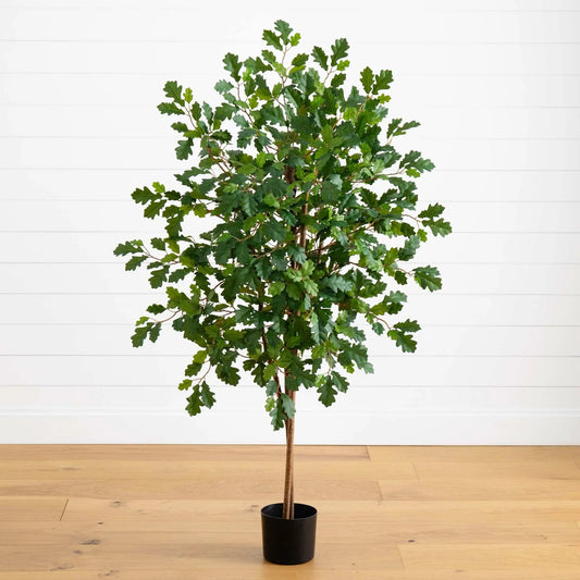 Five Foot Oak Artificial Tree by Nearly Natural in a black planter with lush green lobed leaves on Tampa Home & Garden Store