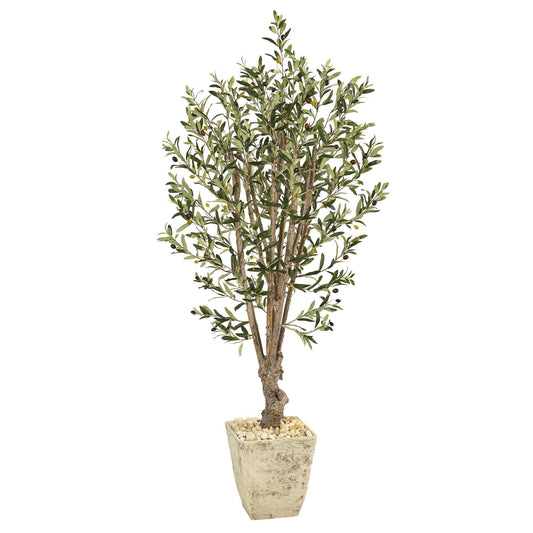 5’ Olive Artificial Tree in Country White Planter