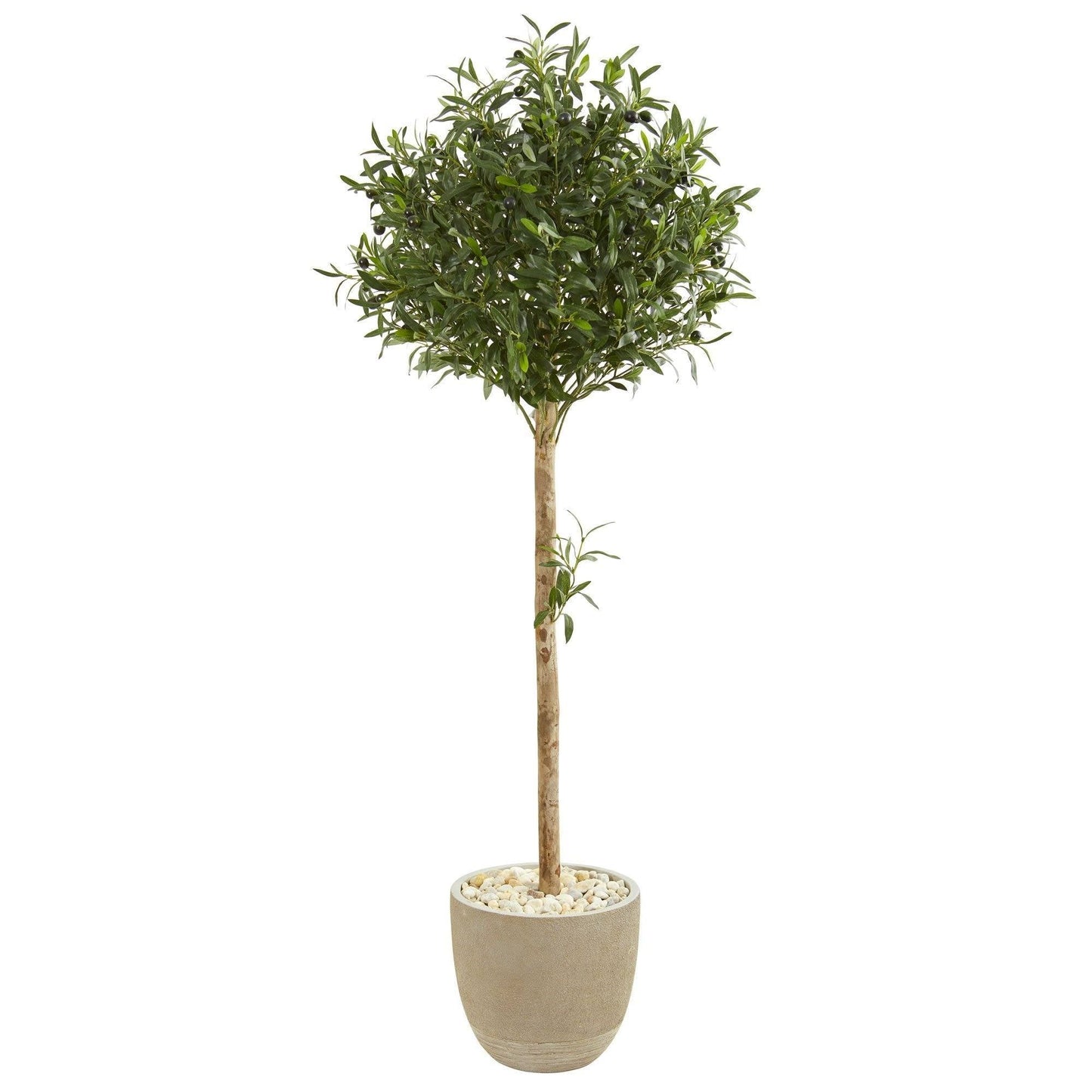 5 ft olive topiary artificial tree in sand stone planter with lush green leaves and dark berries on Tampa Home & Garden Store