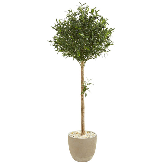 5 ft olive topiary artificial tree in sand stone planter with lush green leaves and dark berries on Tampa Home & Garden Store