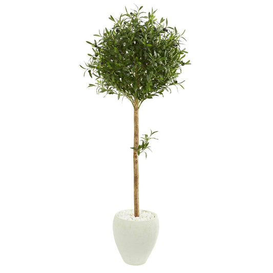 5’ Olive Topiary by Nearly Natural in White Planter, olive-green leaves with dark berries on Tampa Home & Garden Store