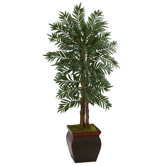 5-foot Parlor Palm artificial tree in wooden planter with moss Nearly Natural on Tampa Home & Garden Store