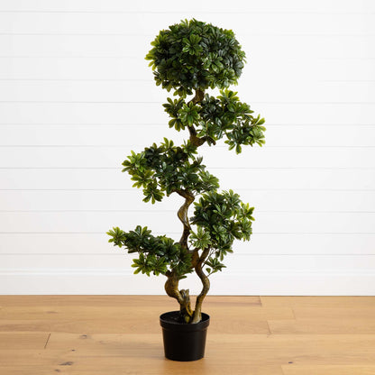 5' Pittispourm UV Resistant topiary by Nearly Natural in a black pot with glossy green leaves on Tampa Home & Garden Store
