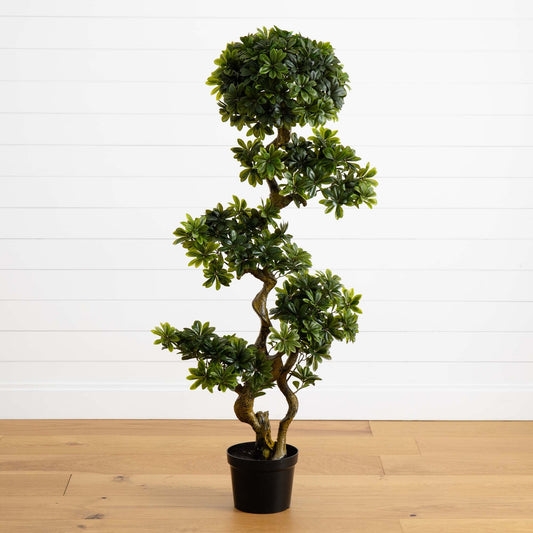 5' Pittispourm UV Resistant topiary by Nearly Natural in a black pot with glossy green leaves on Tampa Home & Garden Store