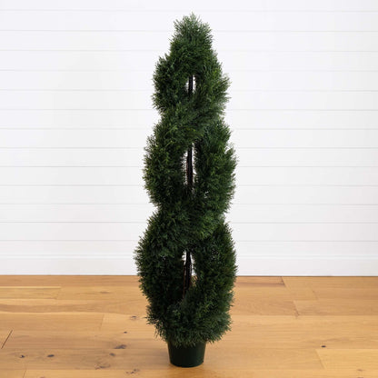 5' Pond Cypress Spiral Topiary UV resistant indoor/outdoor in black pot by Nearly Natural on Tampa Home & Garden Store