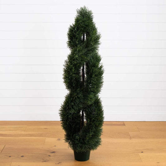 5' Pond Cypress Spiral Topiary UV resistant indoor/outdoor in black pot by Nearly Natural on Tampa Home & Garden Store