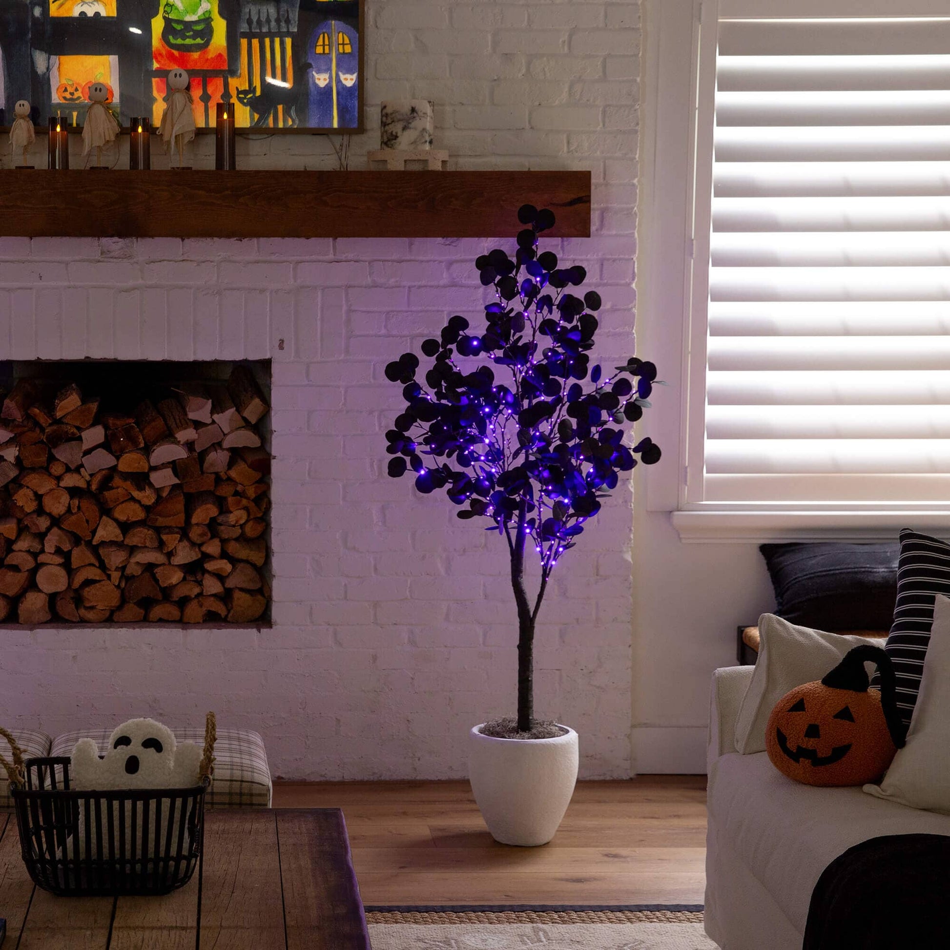 5 ft Halloween black eucalyptus tree, Nearly Natural, pre-lit with orange and purple LED lights on Tampa Home & Garden Store