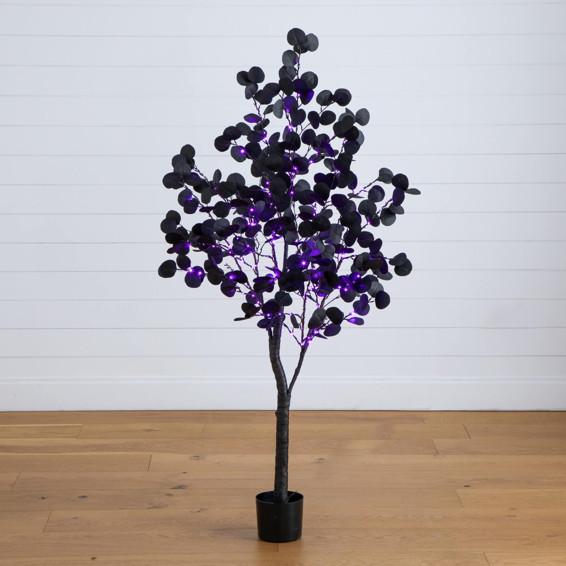 5 ft Nearly Natural pre-lit Halloween black eucalyptus tree with orange and purple LEDs on Tampa Home & Garden Store