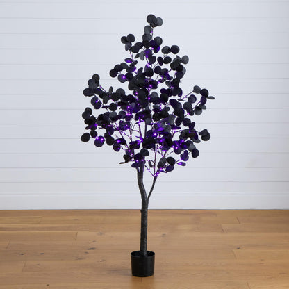 5 ft Nearly Natural pre-lit Halloween black eucalyptus tree with orange and purple LEDs on Tampa Home & Garden Store