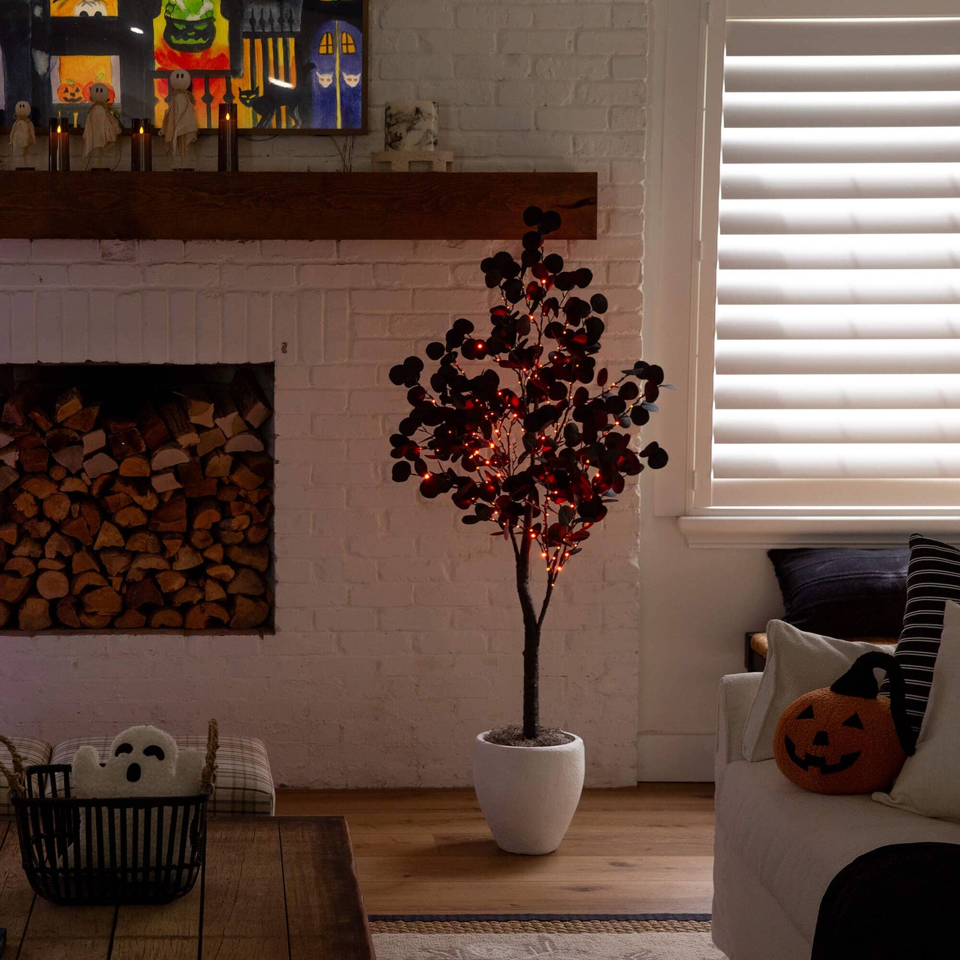 5' Pre-Lit Black Eucalyptus Tree with 220 orange & purple LEDs in white planter Nearly Natural on Tampa Home & Garden Store