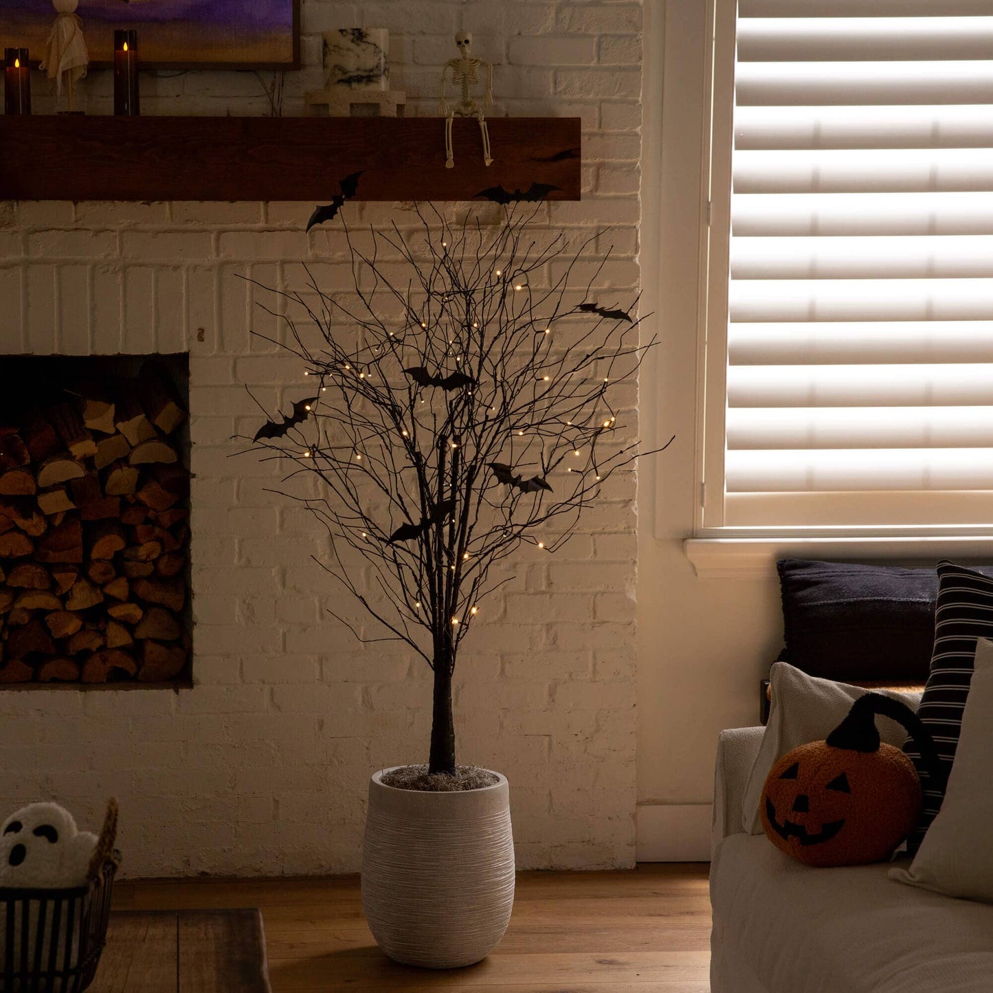 5' Pre-Lit Halloween Black Twig Tree with Bats, 50 Warm White LEDs, Nearly Natural on Tampa Home & Garden Store