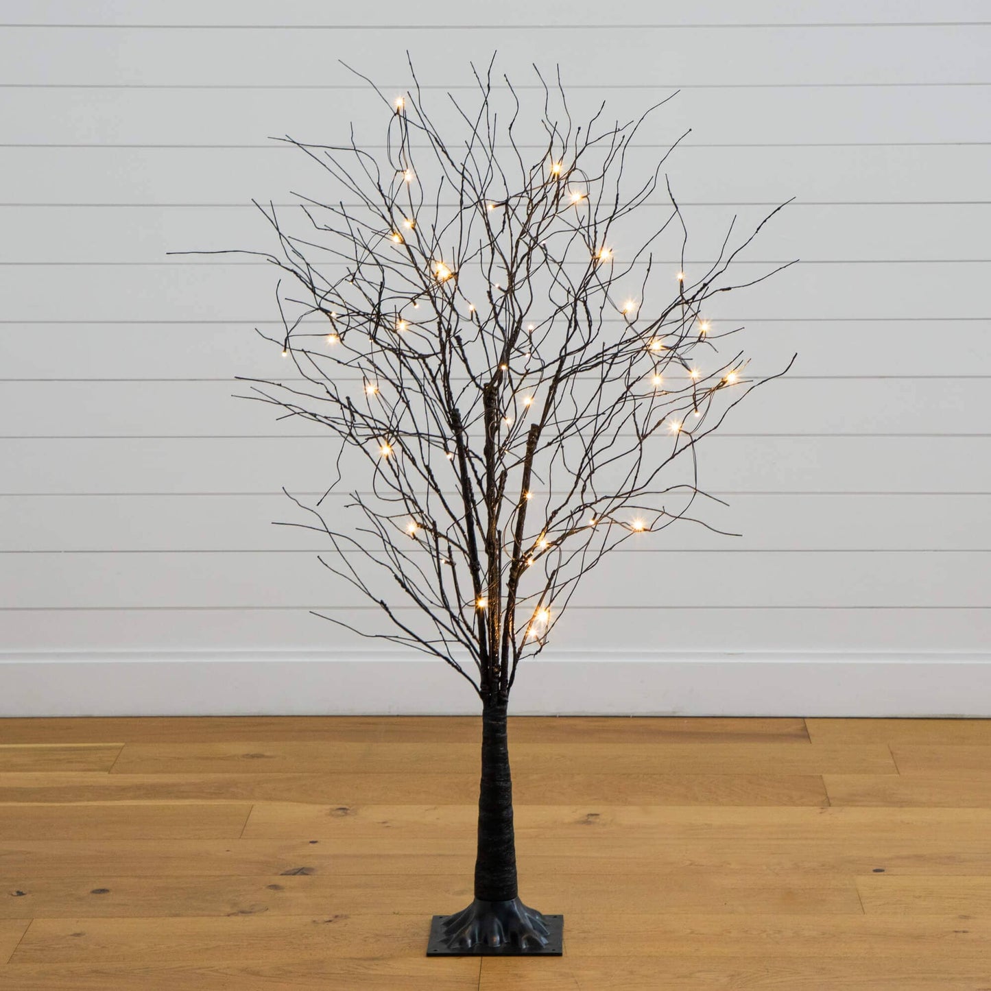 5' Pre-Lit Halloween Black Twig Tree with 50 warm white LED lights, bare black branches on a black base on Tampa Home & Garden Store