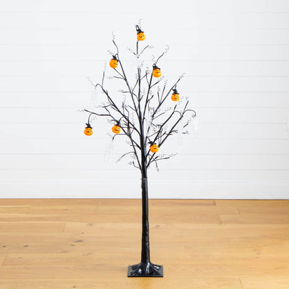 5 ft Pre-Lit Halloween Pumpkin Ornament Tree with 72 warm white LEDs and multiple orange jack-o'-lanterns on black branches on Tampa Home & Garden Store