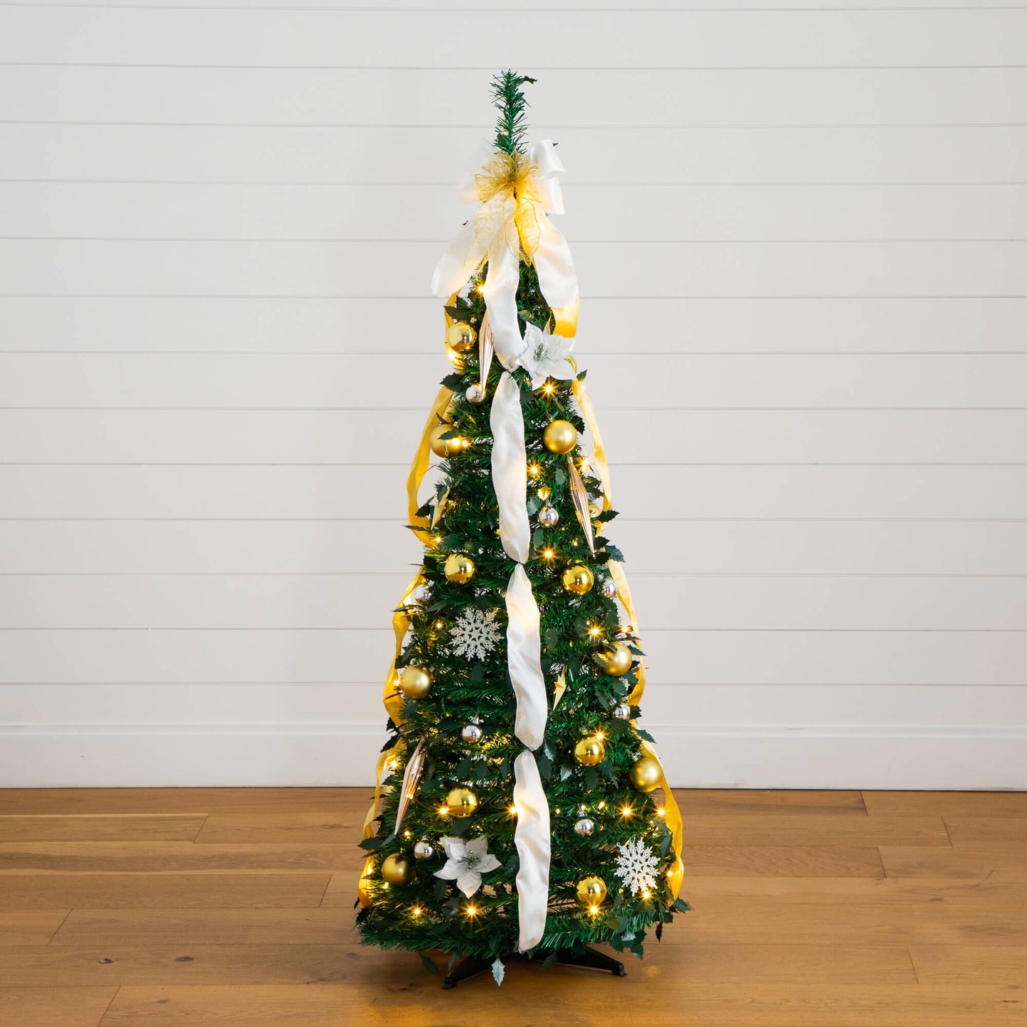 5' LED-lit pop-up Christmas tree by Nearly Natural with gold & silver ornaments and white ribbons on Tampa Home & Garden Store