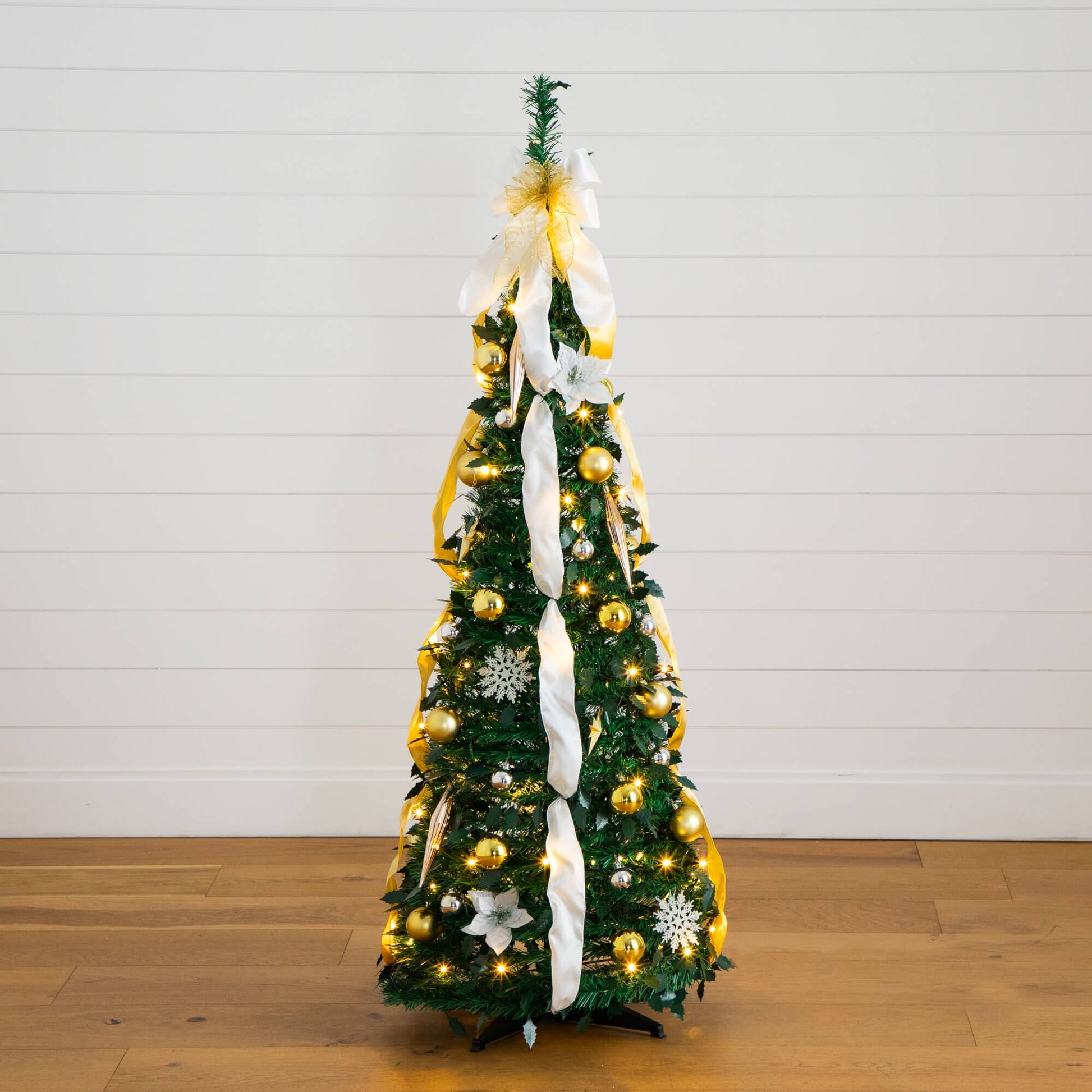 5' LED-lit pop-up Christmas tree by Nearly Natural with gold & silver ornaments and white ribbons on Tampa Home & Garden Store