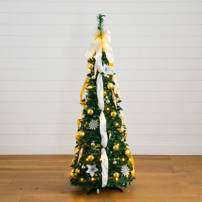 5' LED-lit pop-up Christmas tree by Nearly Natural with gold & silver ornaments and white ribbons on Tampa Home & Garden Store