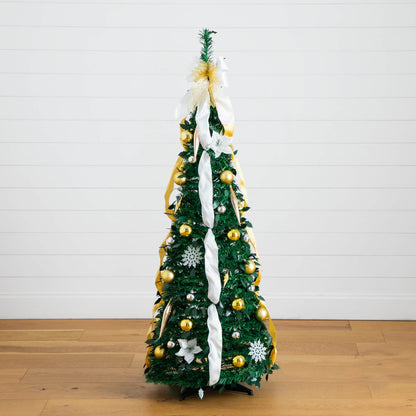 5' pre-lit artificial Christmas tree with gold and silver ornaments and white ribbons, 100 LEDs on Tampa Home & Garden Store