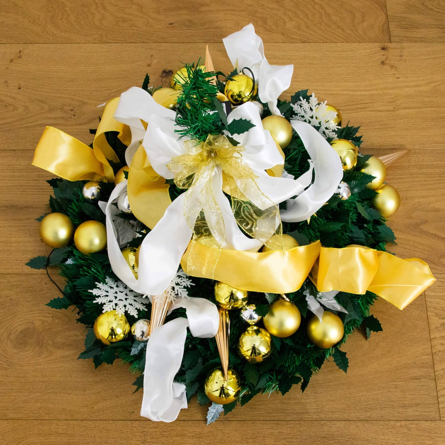5' Pre-Lit Artificial Pop Up Christmas Tree with gold ornaments, white ribbons and greenery on Tampa Home & Garden Store