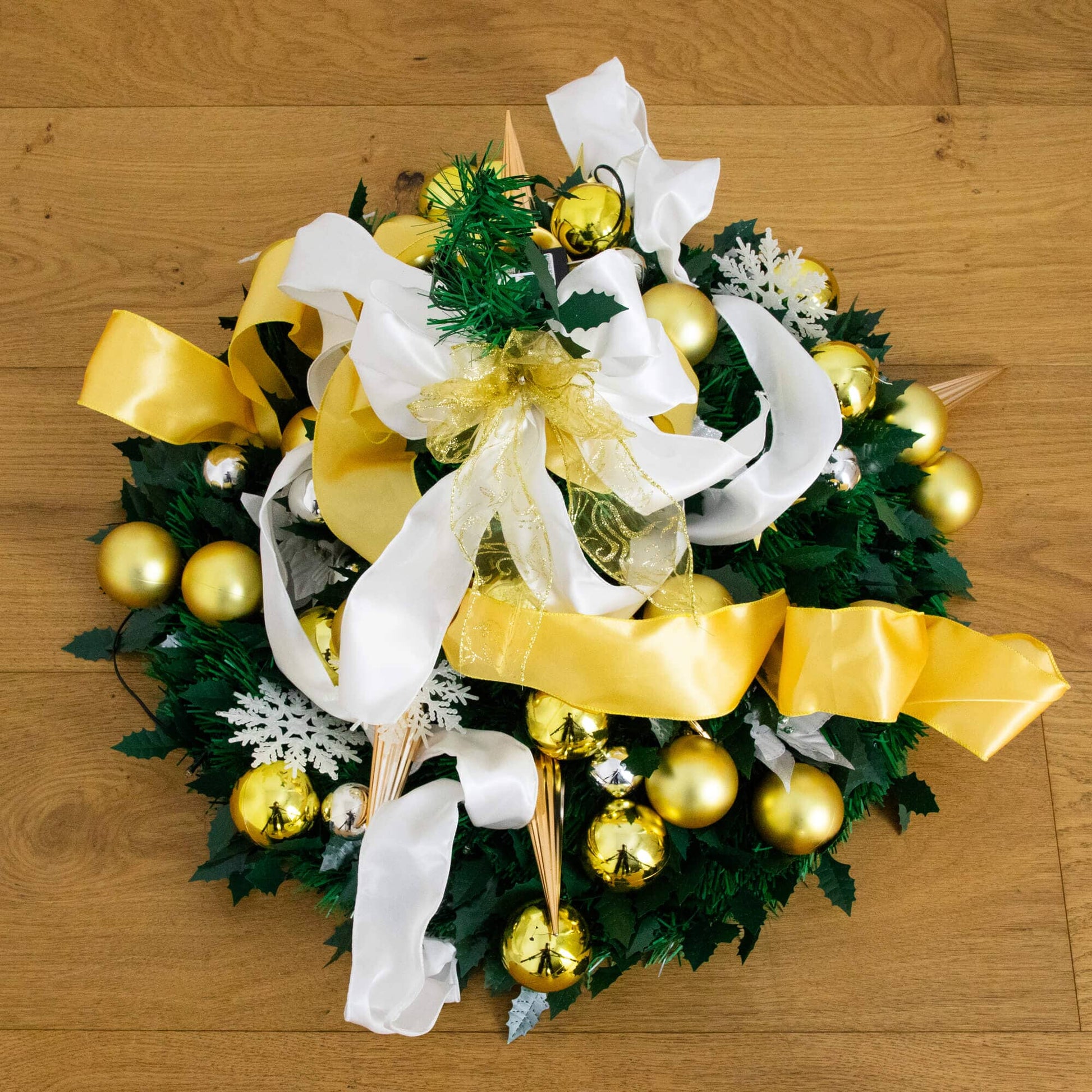 5' Pre-Lit Artificial Pop Up Christmas Tree with gold ornaments, white ribbons and greenery on Tampa Home & Garden Store