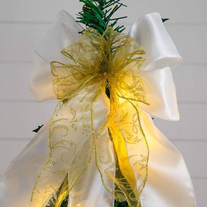 Nearly Natural 5 ft pre-lit pop-up Christmas tree wrapped in white satin with gold glitter ribbon bow on Tampa Home & Garden Store