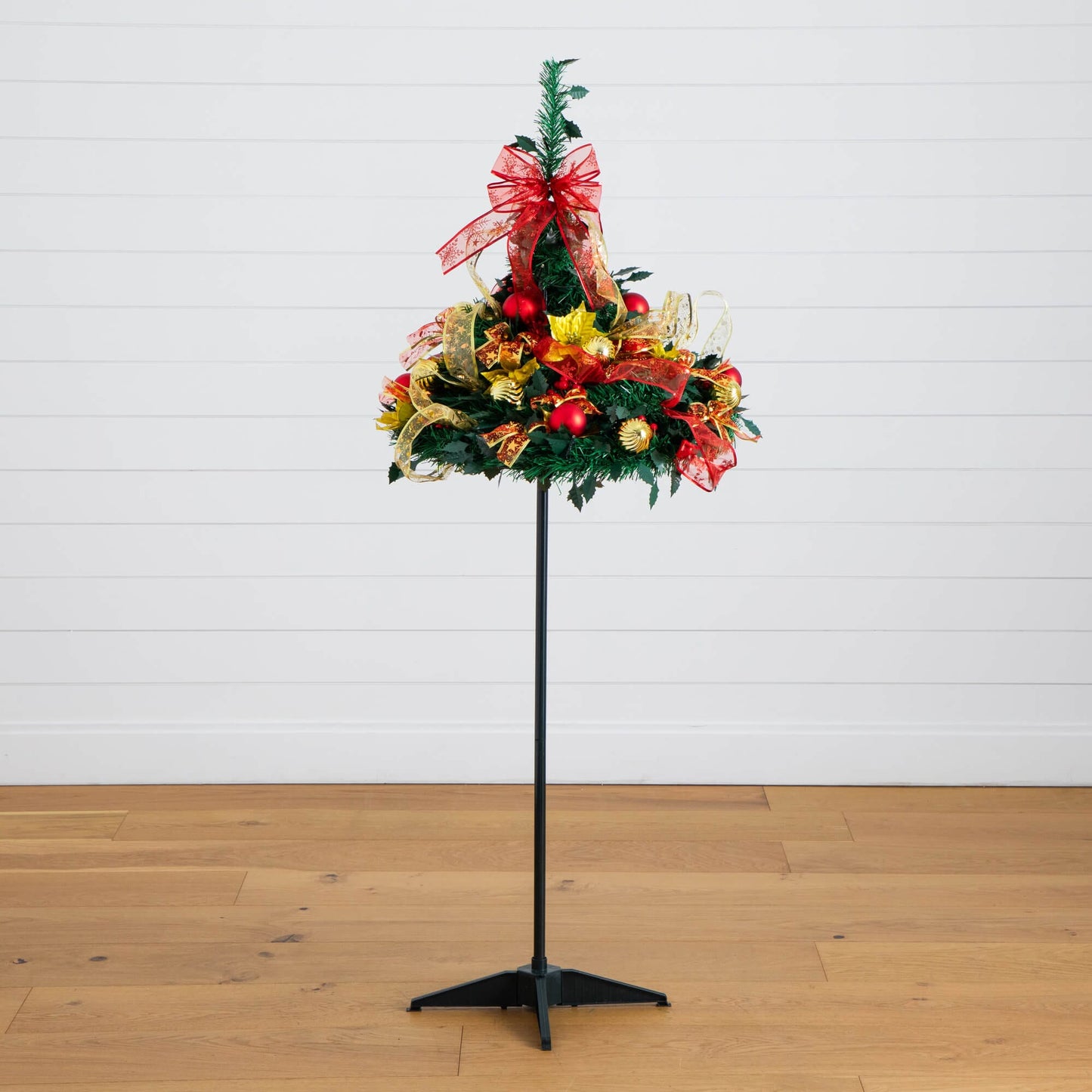 5' pre-lit artificial Christmas tree with red gold ornaments and ribbons, white LEDs on stand on Tampa Home & Garden Store