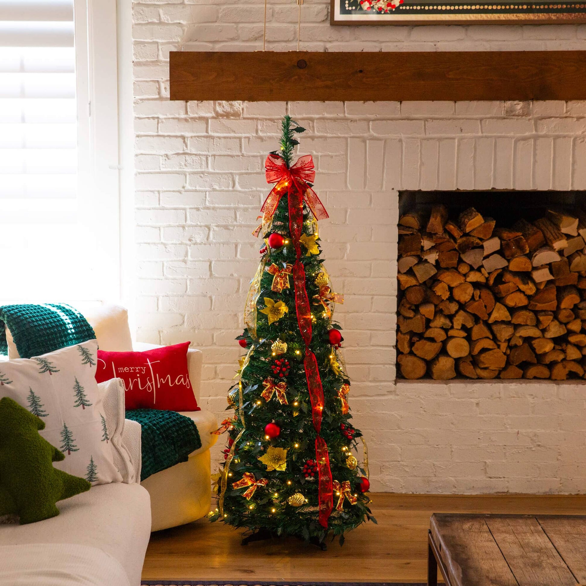 5' Pre-Lit Christmas Tree Nearly Natural with red and gold ornaments and ribbons, 100 LEDs on Tampa Home & Garden Store