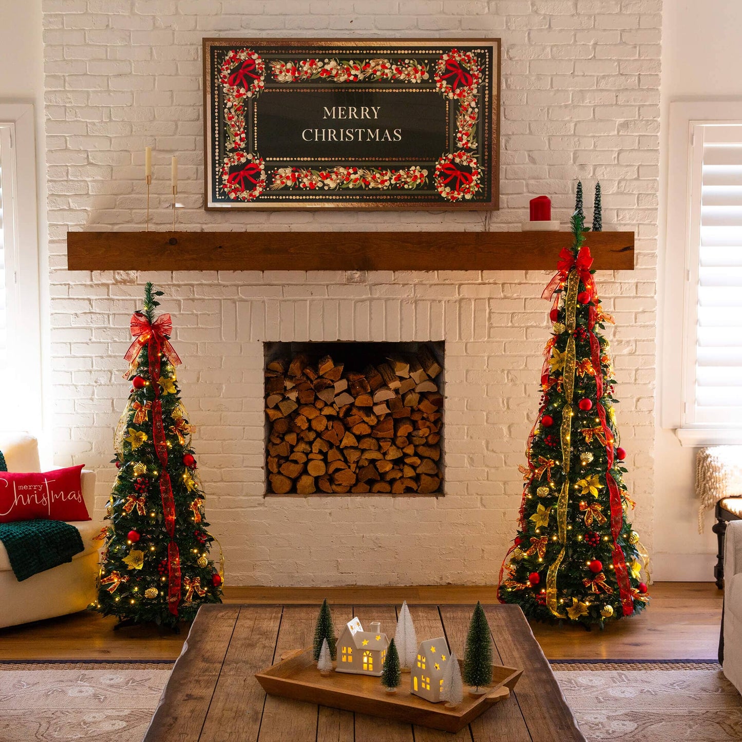 5' Nearly Natural pre-lit Christmas trees with red and gold ornaments and ribbons, 100 LEDs on Tampa Home & Garden Store
