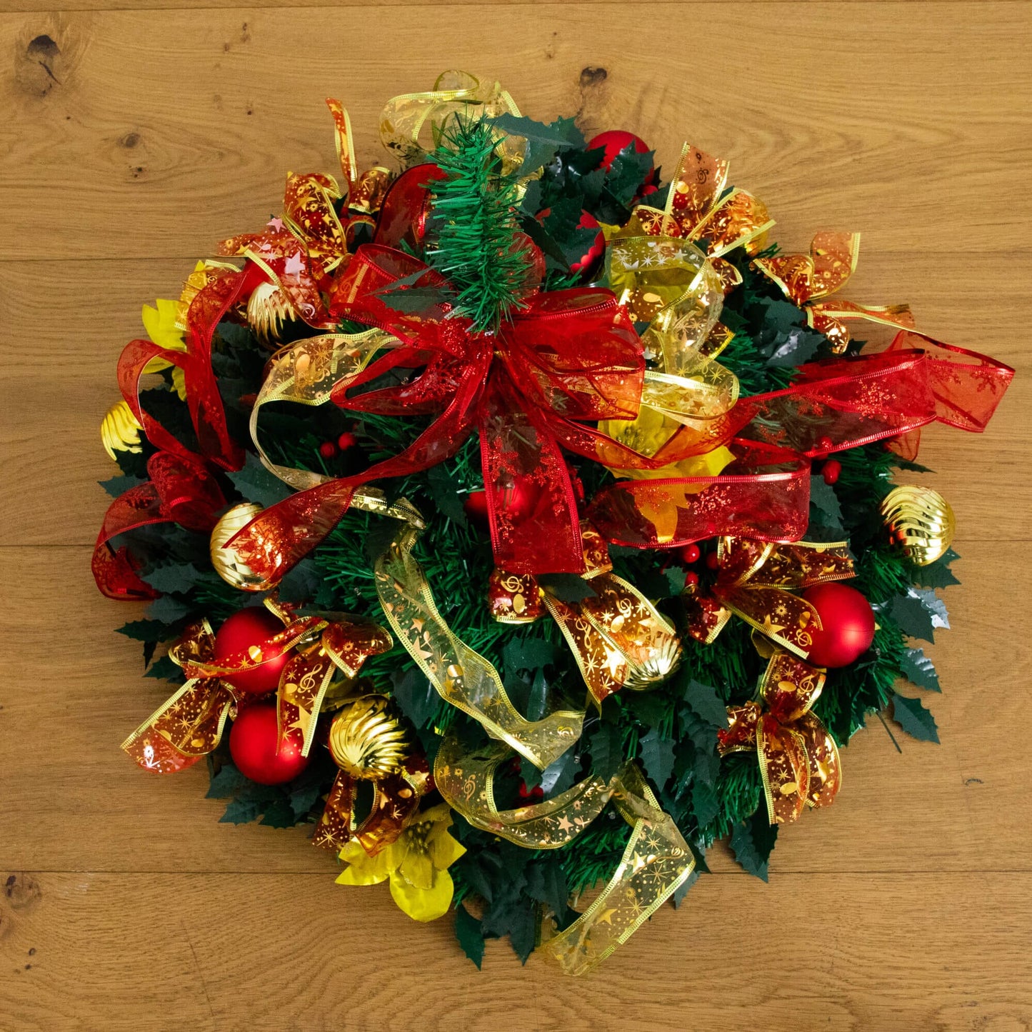 5 ft prelit popup Christmas tree by Nearly Natural with red and gold ornaments and ribbons on Tampa Home & Garden Store