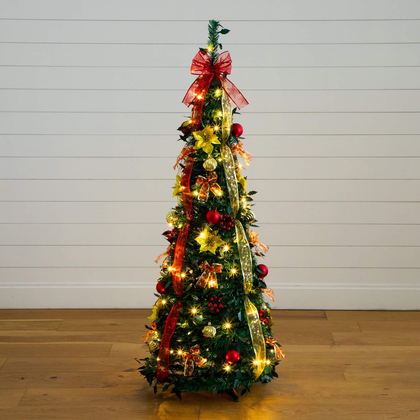 5 ft prelit popup Christmas tree by Nearly Natural with red gold ribbons and 100 LEDs on Tampa Home & Garden Store