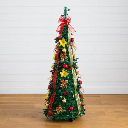 5 ft pre-lit artificial Christmas tree with red and gold ornaments and ribbons 100 lights on Tampa Home & Garden Store