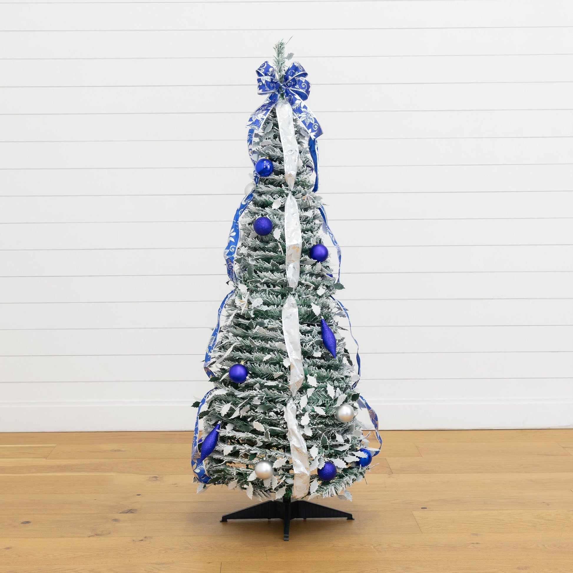 5' Nearly Natural pop-up flocked Christmas tree, blue and silver ribbons, 100 warm white LED lights on Tampa Home & Garden Store