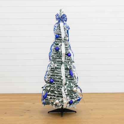 5' Nearly Natural pop-up flocked Christmas tree, blue and silver ribbons, 100 warm white LED lights on Tampa Home & Garden Store