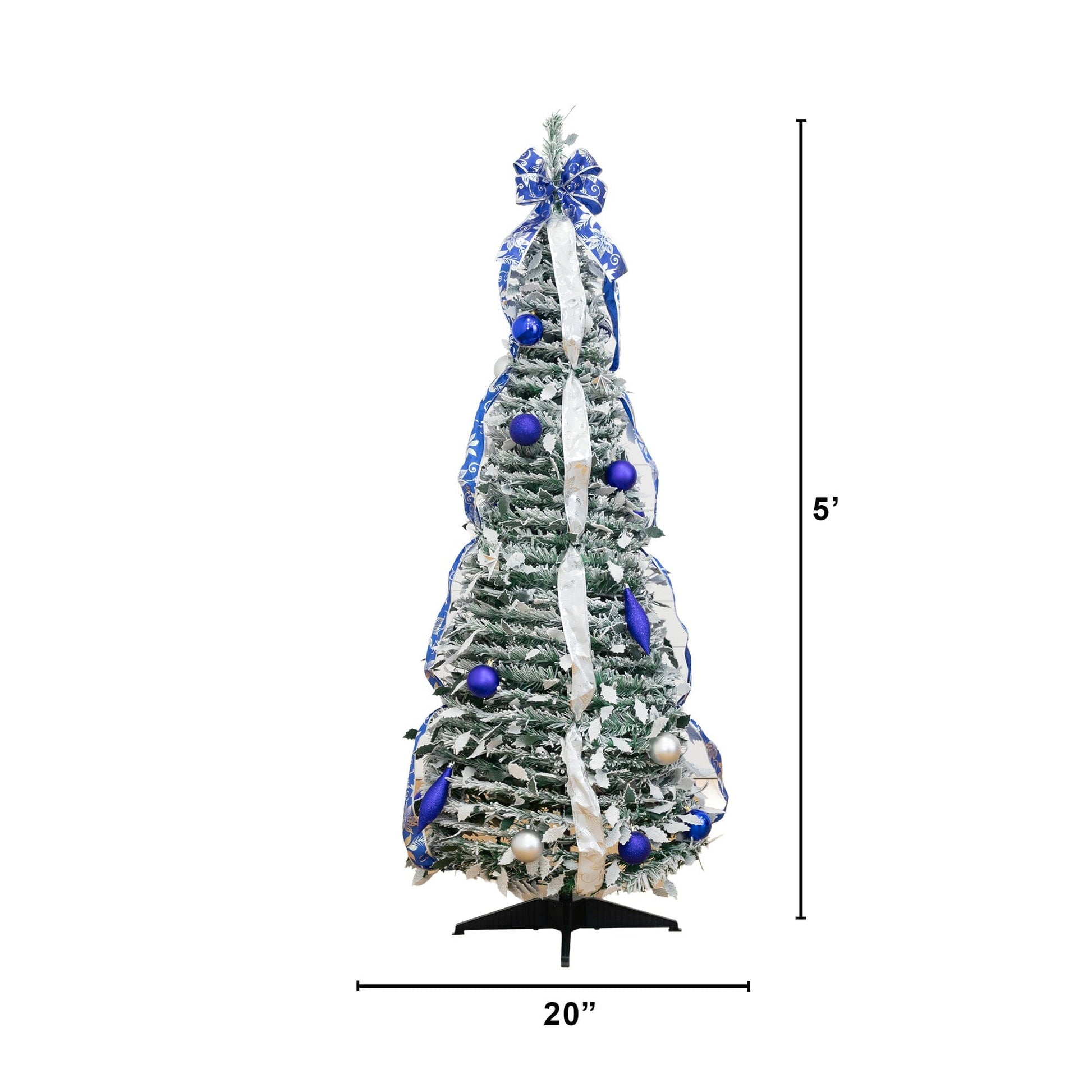 5 ft pre-lit flocked Christmas tree with blue ornaments and silver ribbons, 100 LED lights on Tampa Home & Garden Store