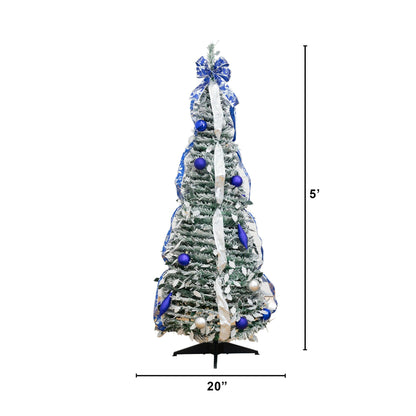 5 ft pre-lit flocked Christmas tree with blue ornaments and silver ribbons, 100 LED lights on Tampa Home & Garden Store