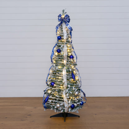 5 ft Nearly Natural pre-lit flocked Christmas tree with blue/silver ornaments and ribbons, 100 LEDs on Tampa Home & Garden Store