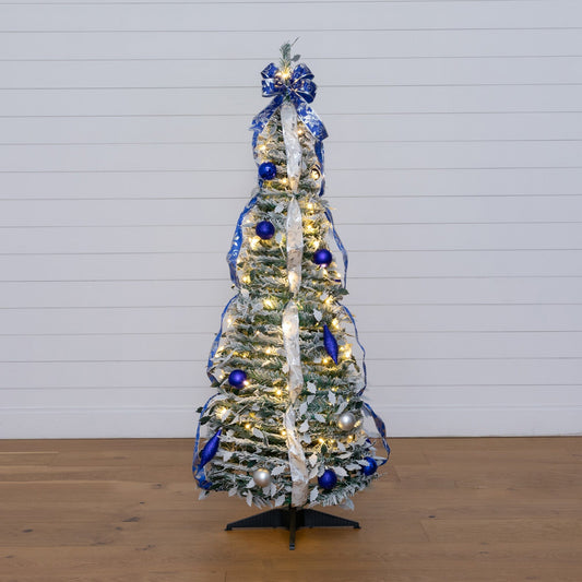 5 ft Nearly Natural pre-lit flocked Christmas tree with blue/silver ornaments and ribbons, 100 LEDs on Tampa Home & Garden Store