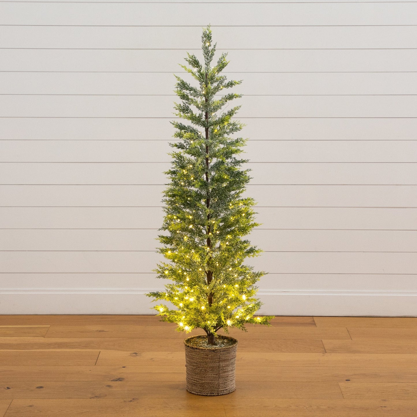 5’ Pre-Lit Artificial Snowed Cypress Christmas Tree in Hyacinth Basket with 140 LED Lights on Tampa Home & Garden Store