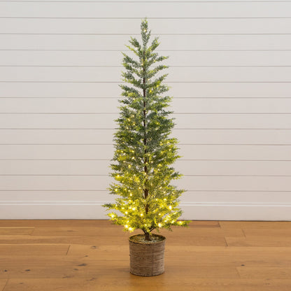 5’ Pre-Lit Artificial Snowed Cypress Christmas Tree in Hyacinth Basket with 140 LED Lights on Tampa Home & Garden Store