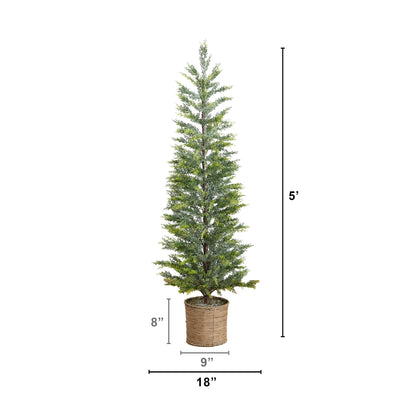 5 ft Pre-Lit artificial snowed cypress Christmas tree in a hyacinth basket with 140 LED lights on Tampa Home & Garden Store
