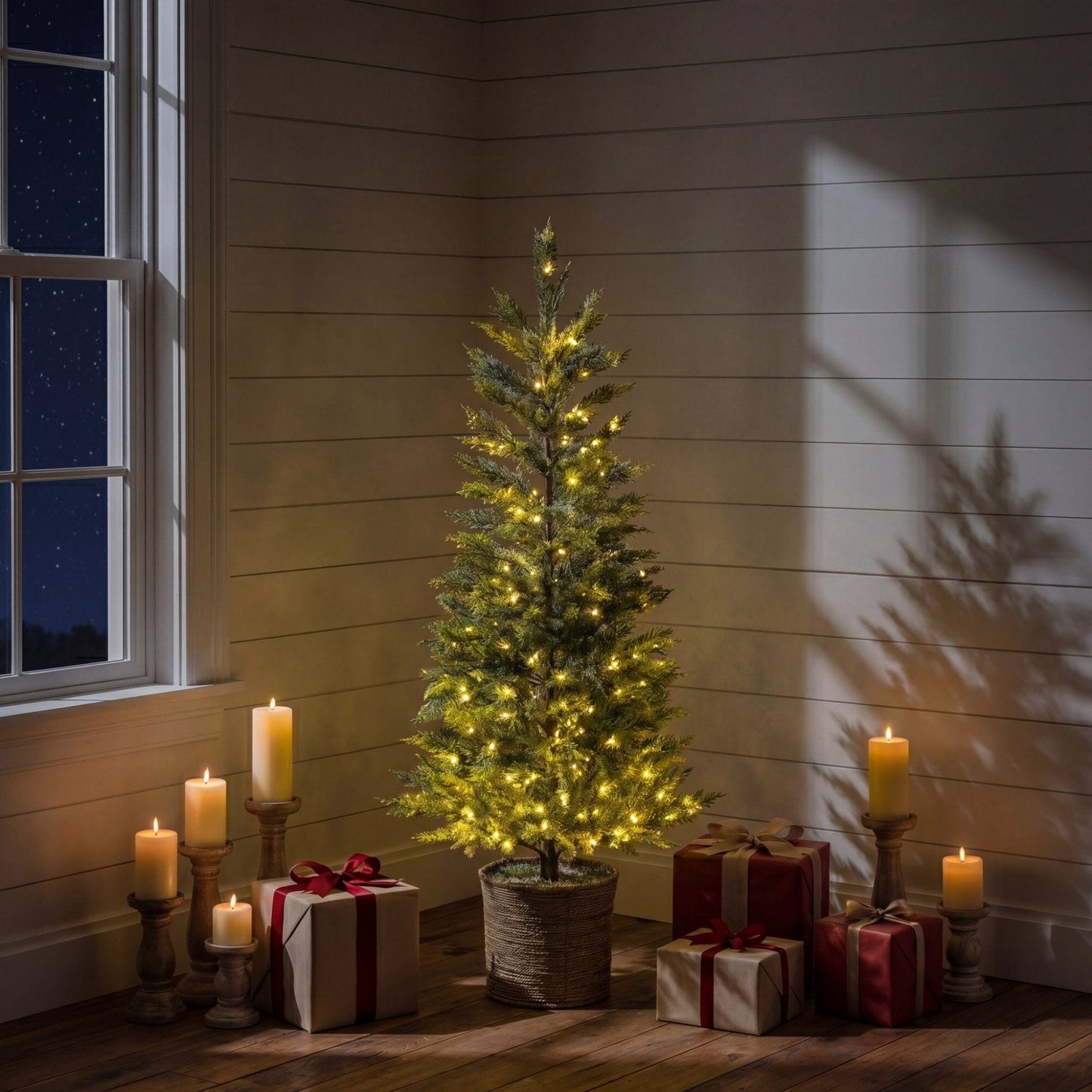 5’ Pre-Lit artificial snowed Cypress Christmas tree in a hyacinth basket with 140 LED lights on Tampa Home & Garden Store