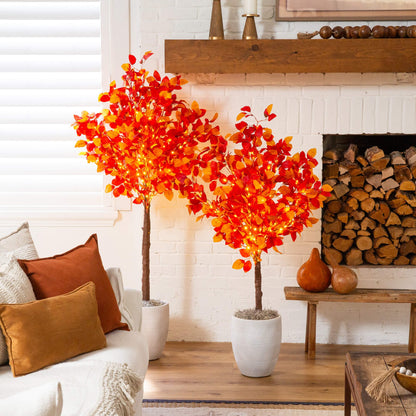 Tree Nearly Natural 5' pre-lit autumn artificial trees with 200 LEDs and orange leaves pair on Tampa Home & Garden Store