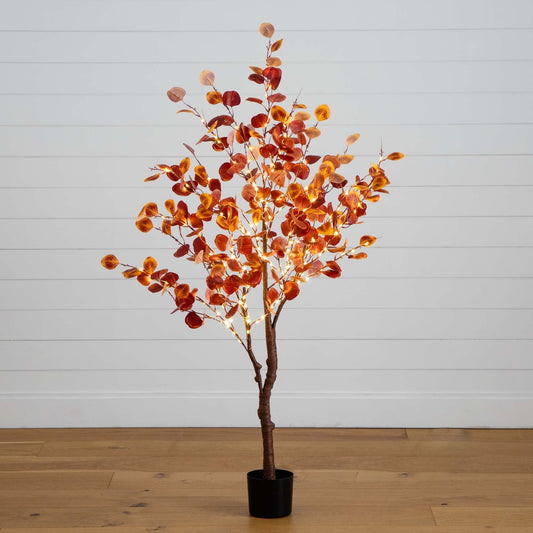 5’ Pre-Lit Autumn Eucalyptus Artificial Fall Tree with 220 Warm White LED Lights - Tampa Home & Garden Store