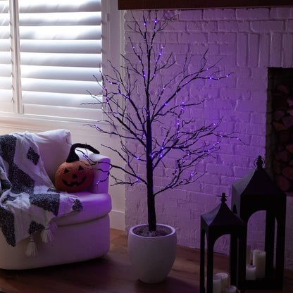 5' Pre-Lit Halloween Black Twig Tree with 240 orange/purple LEDs in pot Nearly Natural on Tampa Home & Garden Store