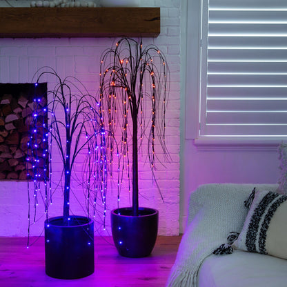 Pair of Nearly Natural black willow LED trees in pots with orange and purple lights on Tampa Home & Garden Store