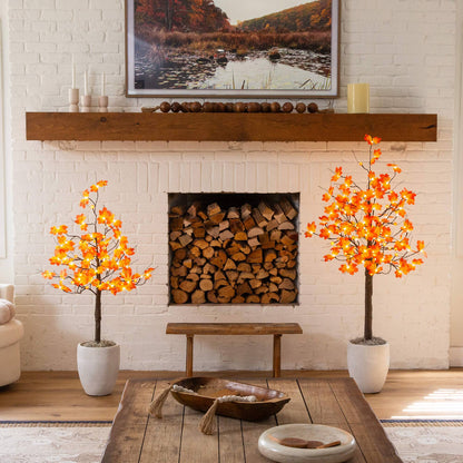 5' Pre-Lit Minimalist Autumn Maple Tree with 96 LED pumpkin lights warm white/orange on mantle on Tampa Home & Garden Store