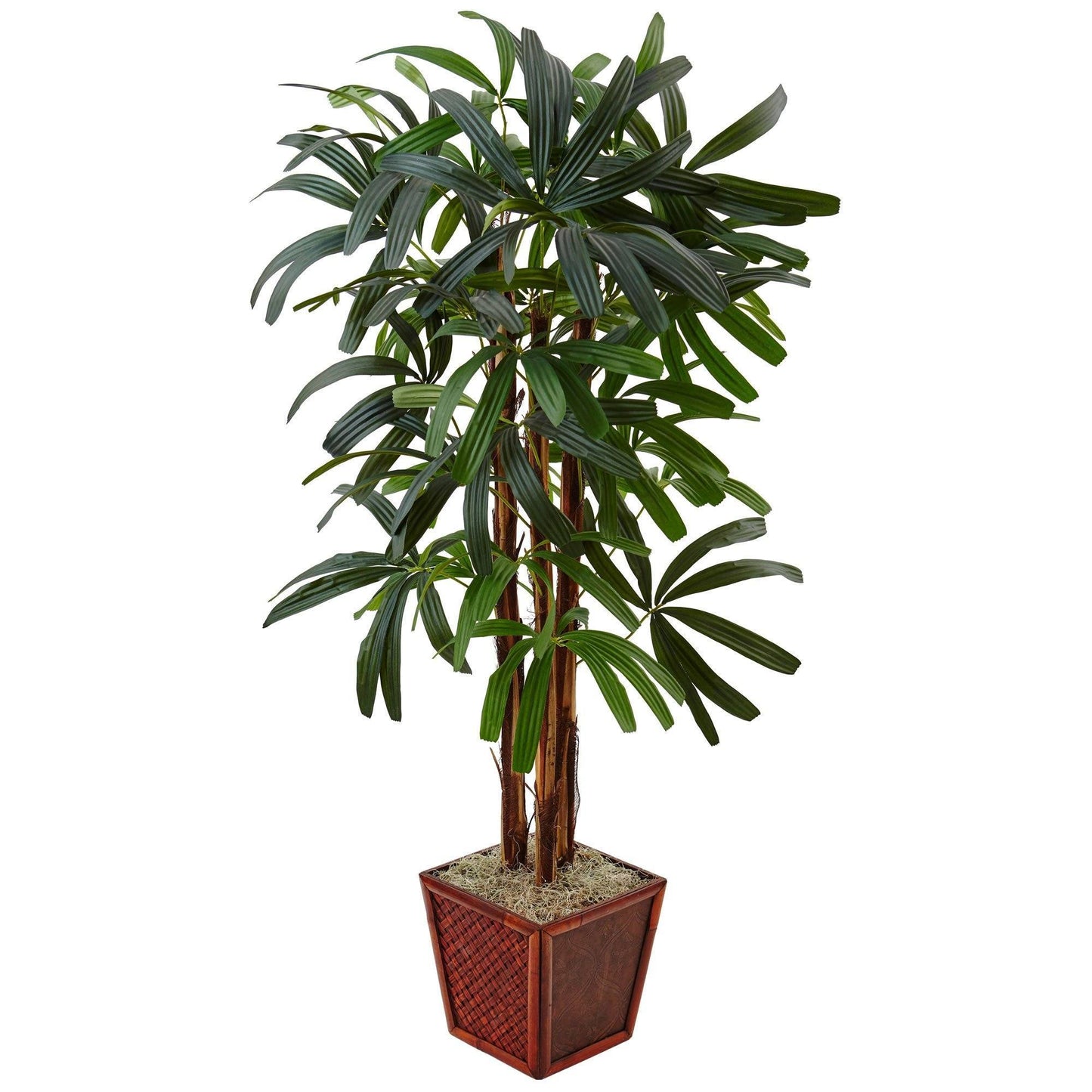 4.5 ft artificial Raphis palm tree in bamboo planter with green leaves by Nearly Natural on Tampa Home & Garden Store