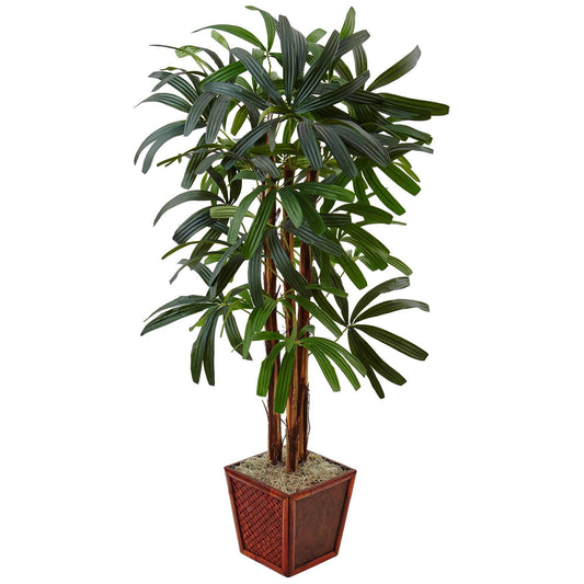 4.5 ft artificial Raphis palm tree in bamboo planter with green leaves by Nearly Natural on Tampa Home & Garden Store