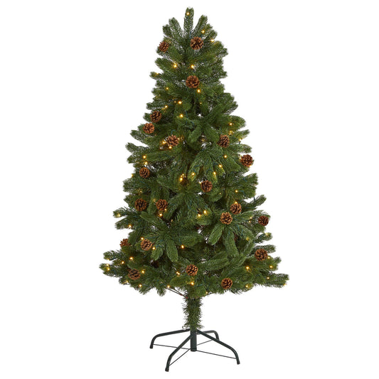 Nearly Natural 5 ft Rocky Mountain Spruce tree with pinecones and LED lights on stand on Tampa Home & Garden Store