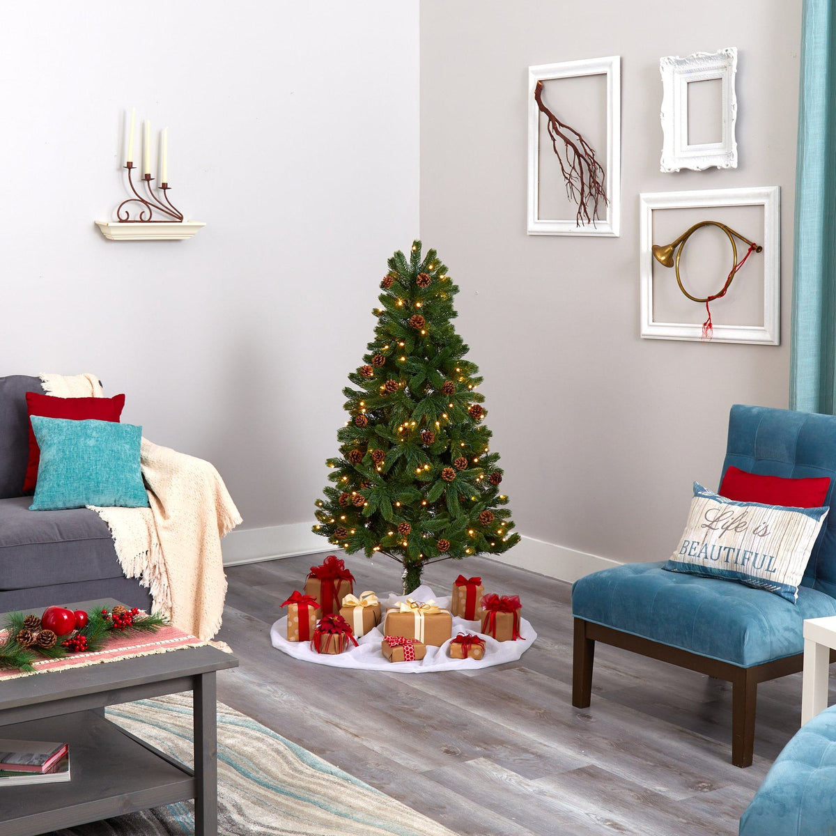 5' Rocky Mountain Spruce Christmas Tree with pinecones and 100 LED lights by Nearly Natural on Tampa Home & Garden Store